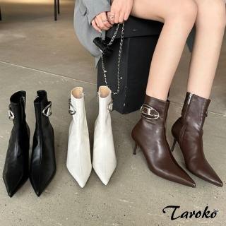 【Taroko】唯美時尚金屬扣尖頭拉鍊細高跟短筒靴(3色可選)