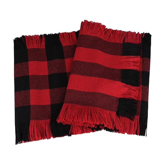 【BURBERRY 巴寶莉】BURBERRY經典格紋設計羊毛流蘇繞邊圍巾(黑x紅)