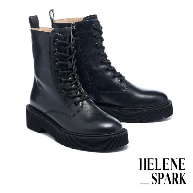 【HELENE_SPARK】帥氣中性調HS拉鍊綁帶牛皮厚底短靴(黑)