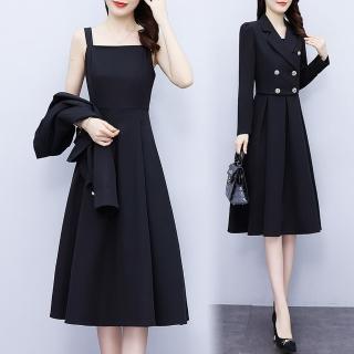 【KVOLL】玩美衣櫃黑色裙套裝搭時尚外套二件套裝M-5XL