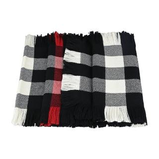 【BURBERRY 巴寶莉】BURBERRY黑白格紋設計流蘇繞邊設計羊毛圍巾(黑x白x紅)