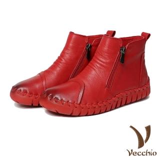 【Vecchio】真皮短靴/頭層真皮手工縫線經典款側拉鍊休閒短靴(紅)