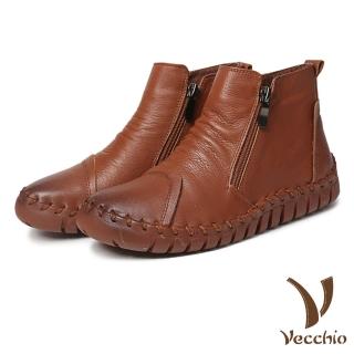 【Vecchio】真皮短靴/頭層真皮手工縫線經典款側拉鍊休閒短靴(棕)