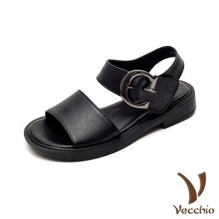 【Vecchio】真皮涼鞋 低跟涼鞋/全真皮頭層牛皮經典復古百搭低跟涼鞋(黑)