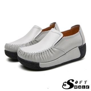 【SOFT WALK 舒步】真皮樂福鞋 坡跟樂福鞋/真皮舒適寬楦手工縫線復古厚底坡跟樂福鞋(灰)