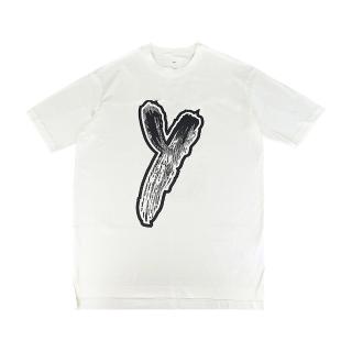 【Y-3 山本耀司】Y-3黑字大印花LOGO前短後長設計純棉圓領短袖T恤(男女款/米白)