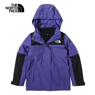 【The North Face 官方旗艦】北面兒童藍紫色防水透氣保暖連帽三合一外套｜81RSKMI(內搭抓絨款)