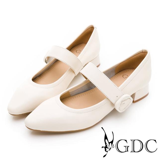【GDC】舒適真皮瑪莉珍尖頭粗跟上班包鞋-米色(310413-10)