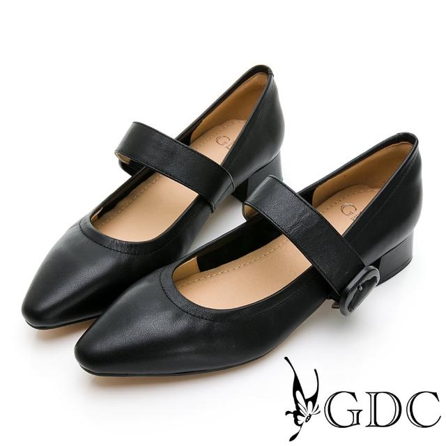 【GDC】舒適真皮瑪莉珍尖頭粗跟上班包鞋-黑色(310413-00)