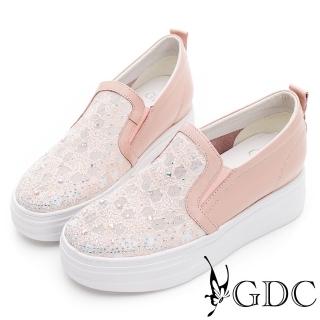 【GDC】蕾絲輕透感簍空水鑽真皮拼接厚底休閒鞋-粉色(316159-13)