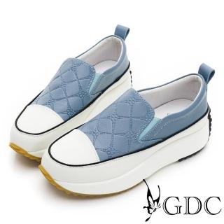 【GDC】真皮幾何格紋撞色舒適厚底休閒懶人鞋-淺藍色(310462-31)