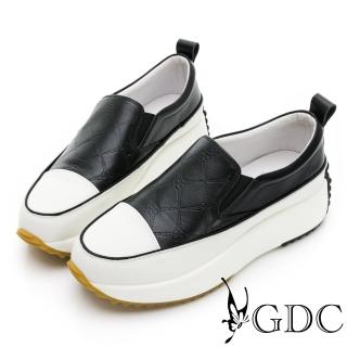 【GDC】真皮幾何格紋撞色舒適厚底休閒懶人鞋-黑色(310462-00)