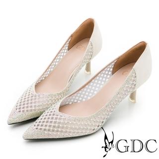 【GDC】宴會水鑽菱格簍空尖頭中跟新娘鞋-米色(314710-10)