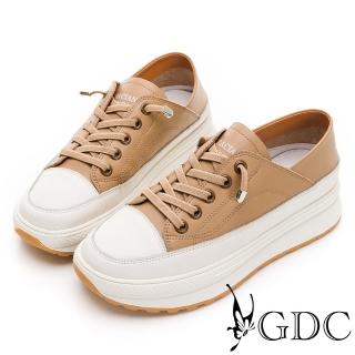 【GDC】基本款素色青春風厚底免綁帶真皮休閒鞋-卡其色(316153-14)