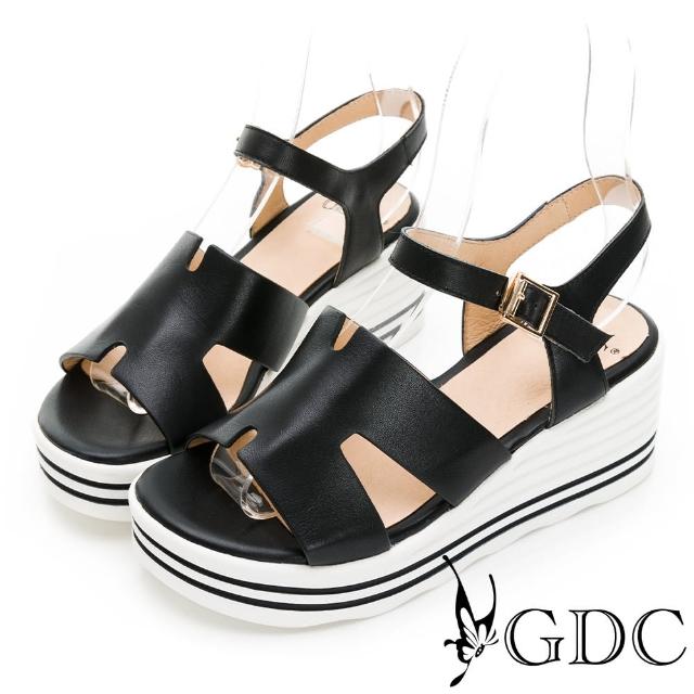 【GDC】真皮舒適春夏百搭素色楔型涼鞋-黑色(310237-00)