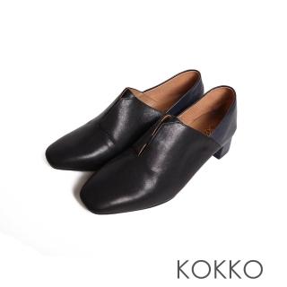 【KOKKO 集團】俐落柔軟真皮小方頭粗跟深口鞋(黑色)