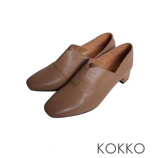 【KOKKO 集團】俐落柔軟真皮小方頭粗跟深口鞋(駝色)