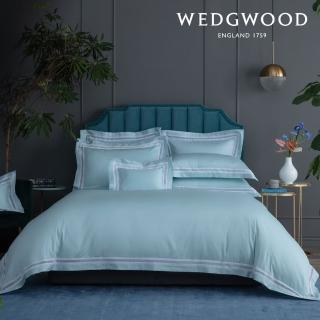 【WEDGWOOD】400織長纖棉璀璨流光蕾絲 被枕被套組-薄荷藍(加大)