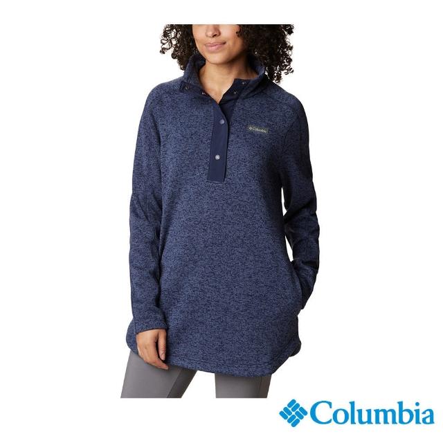 【Columbia 哥倫比亞 官方旗艦】女款-Sweater Weather刷毛半開襟長版上衣-深藍(UAR73730NYHF)