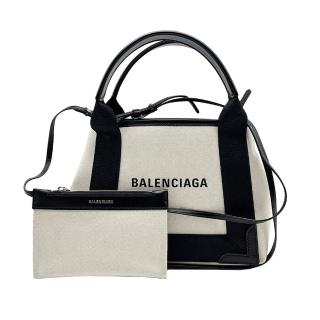 【Balenciaga 巴黎世家】NAVY 帆布拚牛皮手提/斜背二用托特包-XS(390346-白)