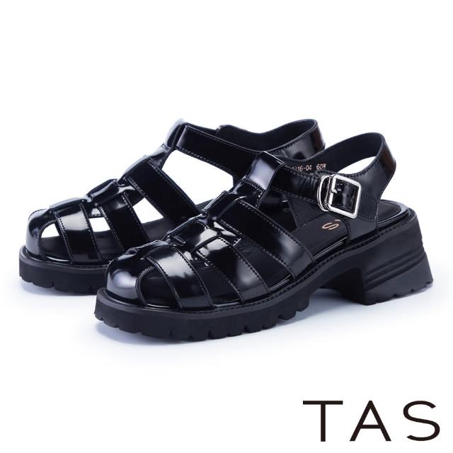 【TAS】珠光真皮魚骨編織護趾中跟涼鞋(黑色)
