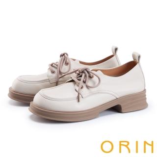 【ORIN】霧感牛皮綁帶低跟樂福鞋(米色)
