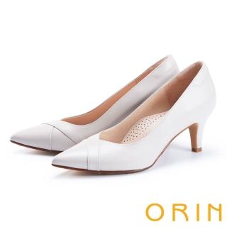 【ORIN】簡約斜面縫線真皮尖頭高跟鞋(白色)