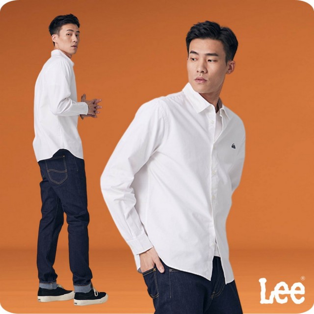 【Lee 官方旗艦】男裝 長袖襯衫 / 純色小LOGO 經典白 舒適版型 / 101+ 系列(LB307006K14)