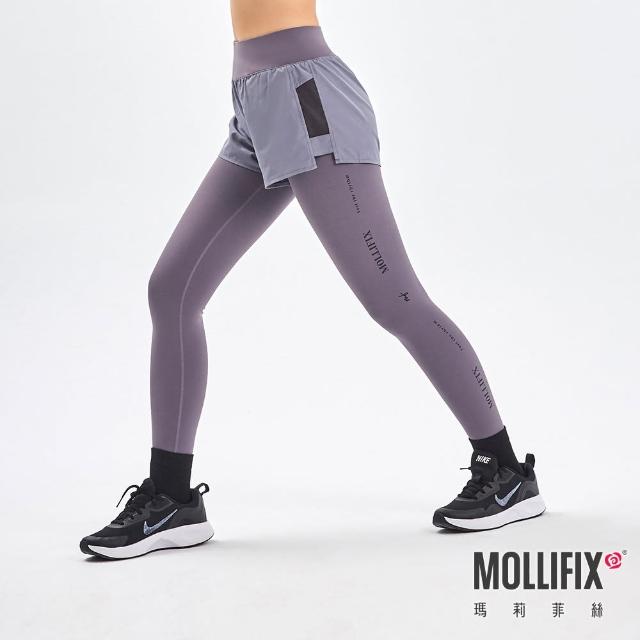 【Mollifix 瑪莉菲絲】拼網透氣雙層訓練褲、瑜珈服、Legging(日暮灰)