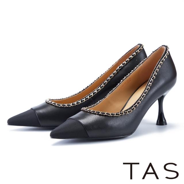 【TAS】異材質拼接金屬鍊條尖頭高跟鞋(黑色)