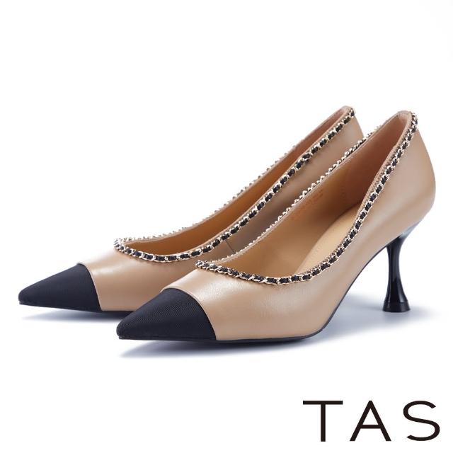 【TAS】異材質拼接金屬鍊條尖頭高跟鞋(棕色)
