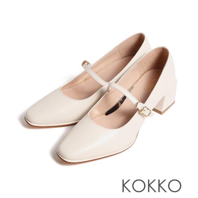 【KOKKO 集團】精緻女人方頭瑪莉珍綿羊皮方粗跟鞋(白色)