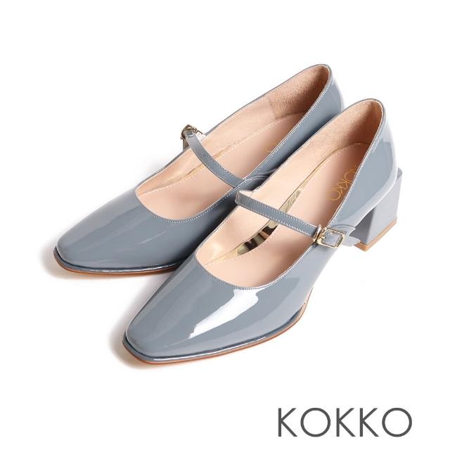【KOKKO 集團】精緻女人方頭瑪莉珍漆皮方粗跟鞋(藍灰色)