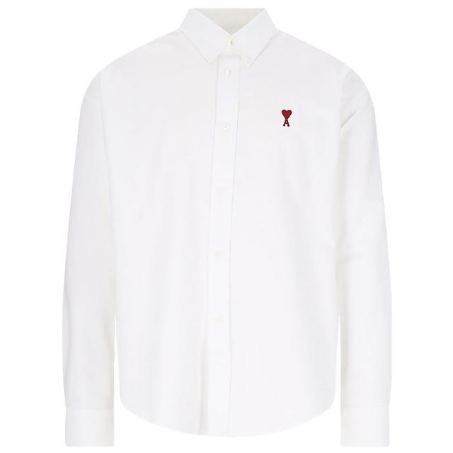 【AMI PARIS】男女同款 刺繡愛心A圖騰小LOGO 寬鬆版型長袖襯衫-白色(S號、M號、L號、XL號)