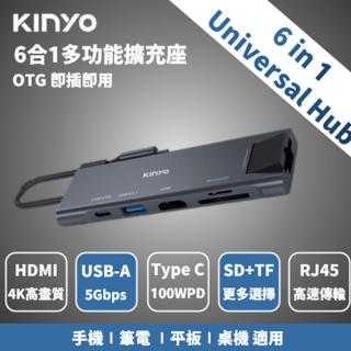 【KINYO】6合1 集線器 Type C 轉接器 Hub 有線投影(RJ45網路孔/HDMI/適用iPhone 15 MacBook Pro iPad Air)