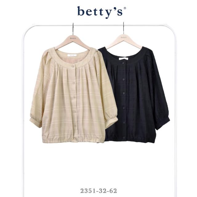 【betty’s 貝蒂思】下擺鬆緊抽皺格紋落肩圓領襯衫(共二色)