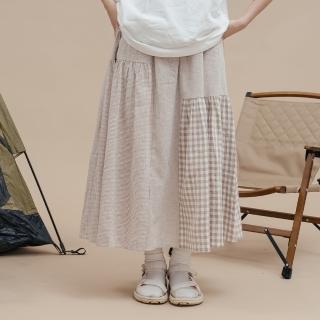 【Queenshop】女裝 親子系列 不對稱大小格紋拼接鬆緊設計長裙 兩色售 現+預 03021271