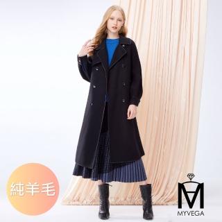 【MYVEGA 麥雪爾】MA純羊毛雙排釦輕量保暖長版冬季大衣外套-黑