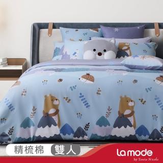【La mode】環保印染100%精梳棉兩用被床包組-夢遊雪之森+雪狐圓寶兩用抱枕毯(雙人)