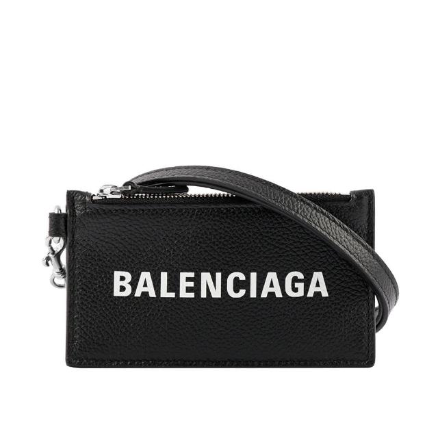【Balenciaga 巴黎世家】經典Logo牛皮小款卡片夾_附可拆式掛繩(黑)