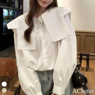 【ACheter】時髦個性大翻領娃娃衫寬鬆慵懶長袖甜美襯衫短版上衣#119019(白/卡其)