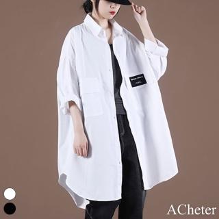 【ACheter】大碼襯衫韓版寬鬆文藝字母貼標雙口袋長版外罩上衣#119024(白/黑)