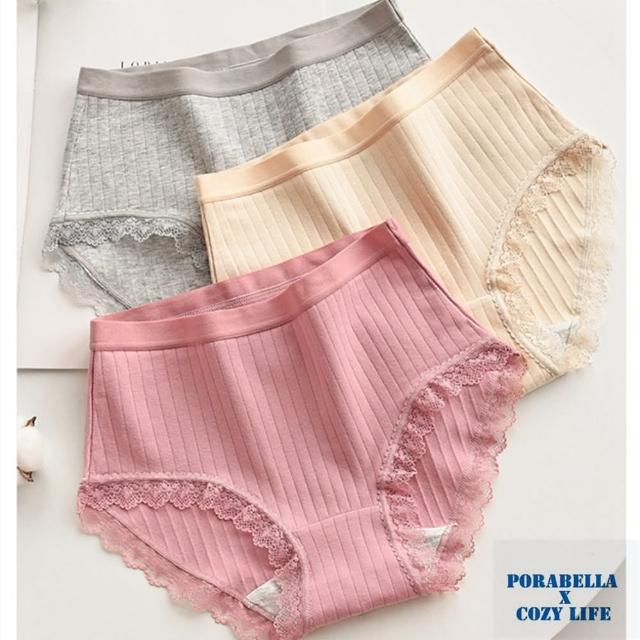 【Porabella】三件一組 日系素面螺紋蕾絲內褲 透氣舒適內褲 可愛內褲 女生內褲 UNDERWEAR