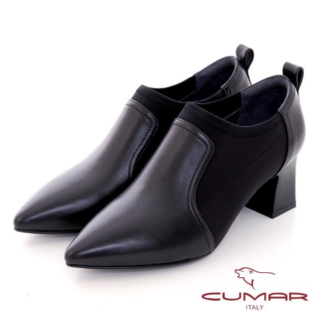 【CUMAR】尖頭彈力布拼接深口粗跟鞋(黑色)