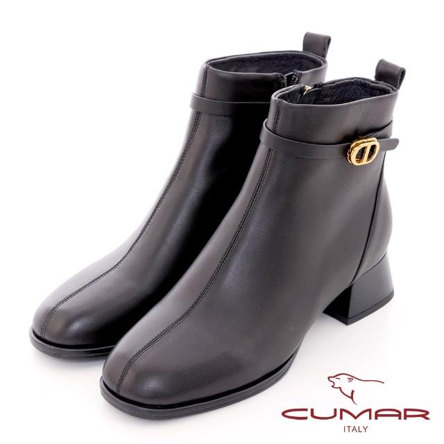【CUMAR】皮帶扣環粗跟短靴(黑色)