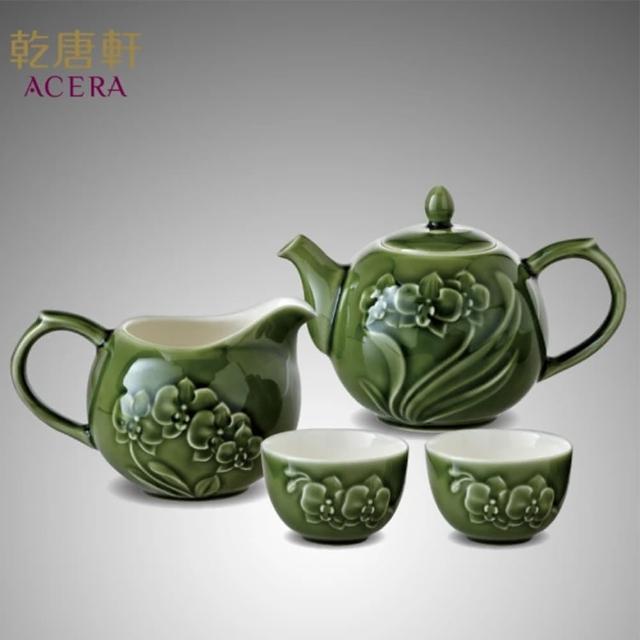 【乾唐軒】蝴蝶蘭花陶瓷茶具組(一壺+六杯+茶海 / 綠釉)