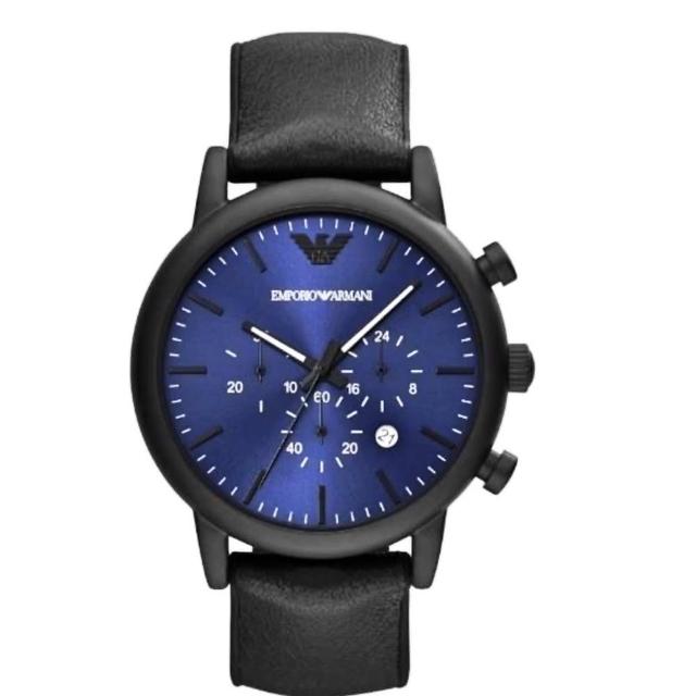 【EMPORIO ARMANI 亞曼尼】官方授權E1 男 經典黑鋼藍面計時腕錶 錶徑46mm-贈高檔6入收藏盒(AR11351)