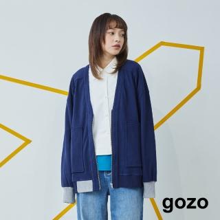 【gozo】羅紋配色刷毛擴型拉鍊外套(深藍)