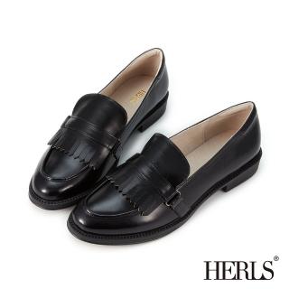 【HERLS】樂福鞋-學院風蠟感全真皮一片流蘇橫帶低跟樂福鞋(黑色)
