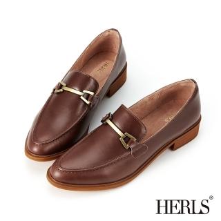 【HERLS】樂福鞋-全真皮一字釦尖頭粗跟樂福鞋(深棕色)